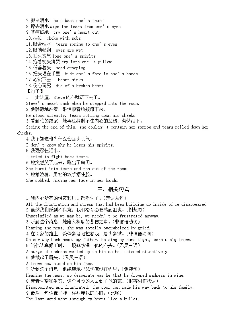 高中英语2025届高考读后续写悲伤情绪描写素材（短语+句子+练习）第2页