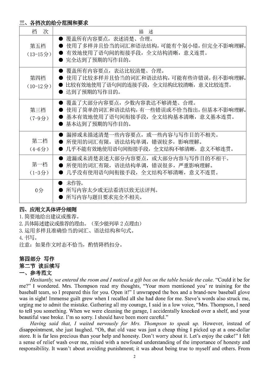 广西省南宁二中·2025年5月高三冲刺考英语评分标准第2页