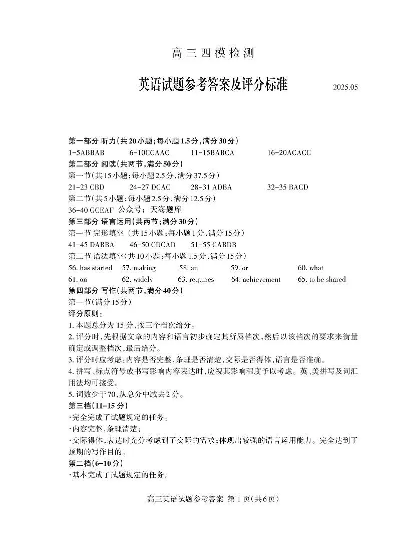 山东省泰安市2025届高三四模检测英语答案第1页