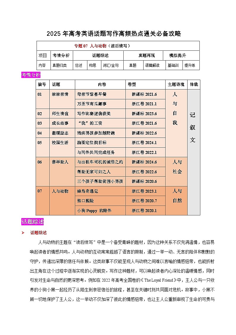 2025年高考英语二轮复习话题写作高分技巧练习专题07 人与动物(读后续写）（原卷版）第1页