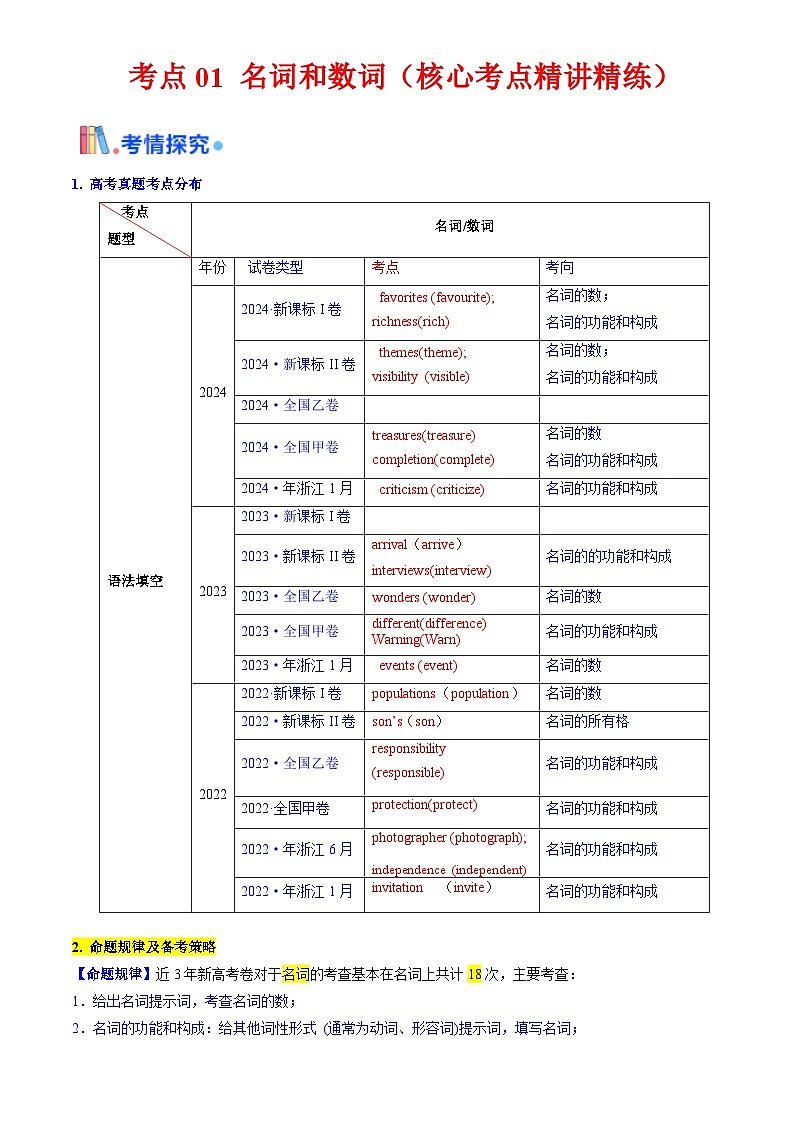 备战高考英语（核心考点精讲精练）考点01 名词与数词（解析版）第1页