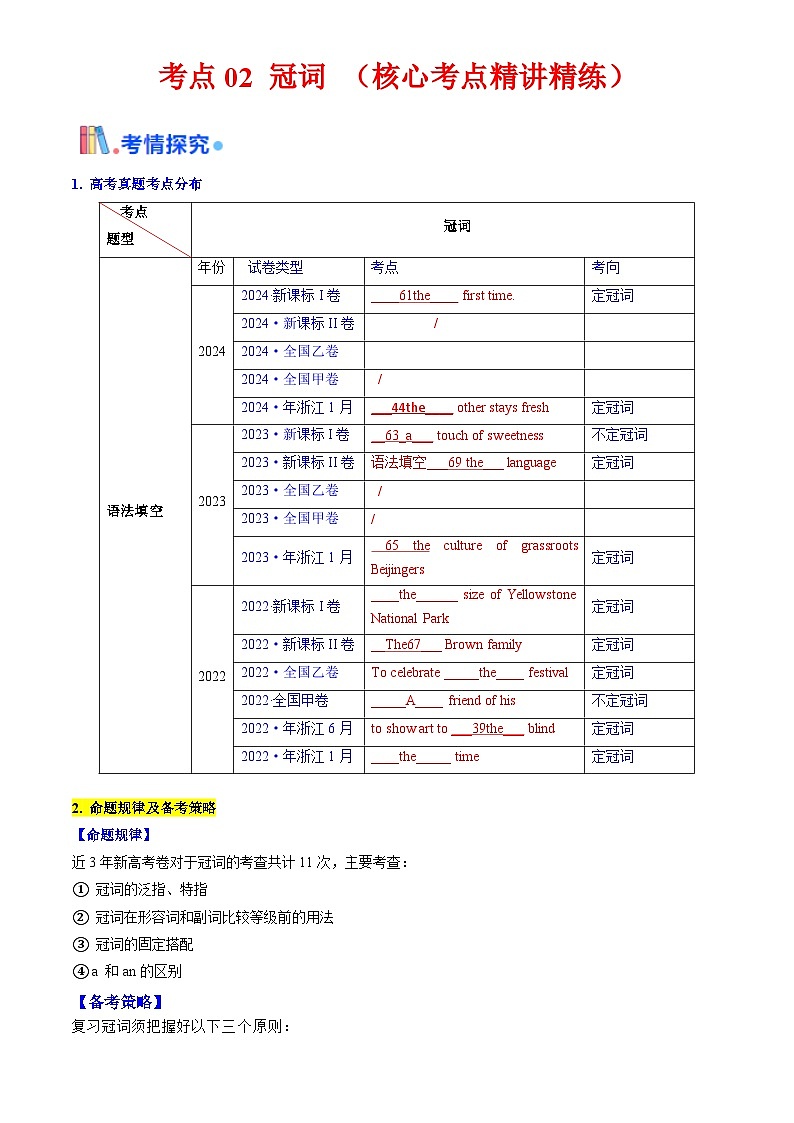 备战高考英语（核心考点精讲精练）考点02 冠词（解析版）第1页