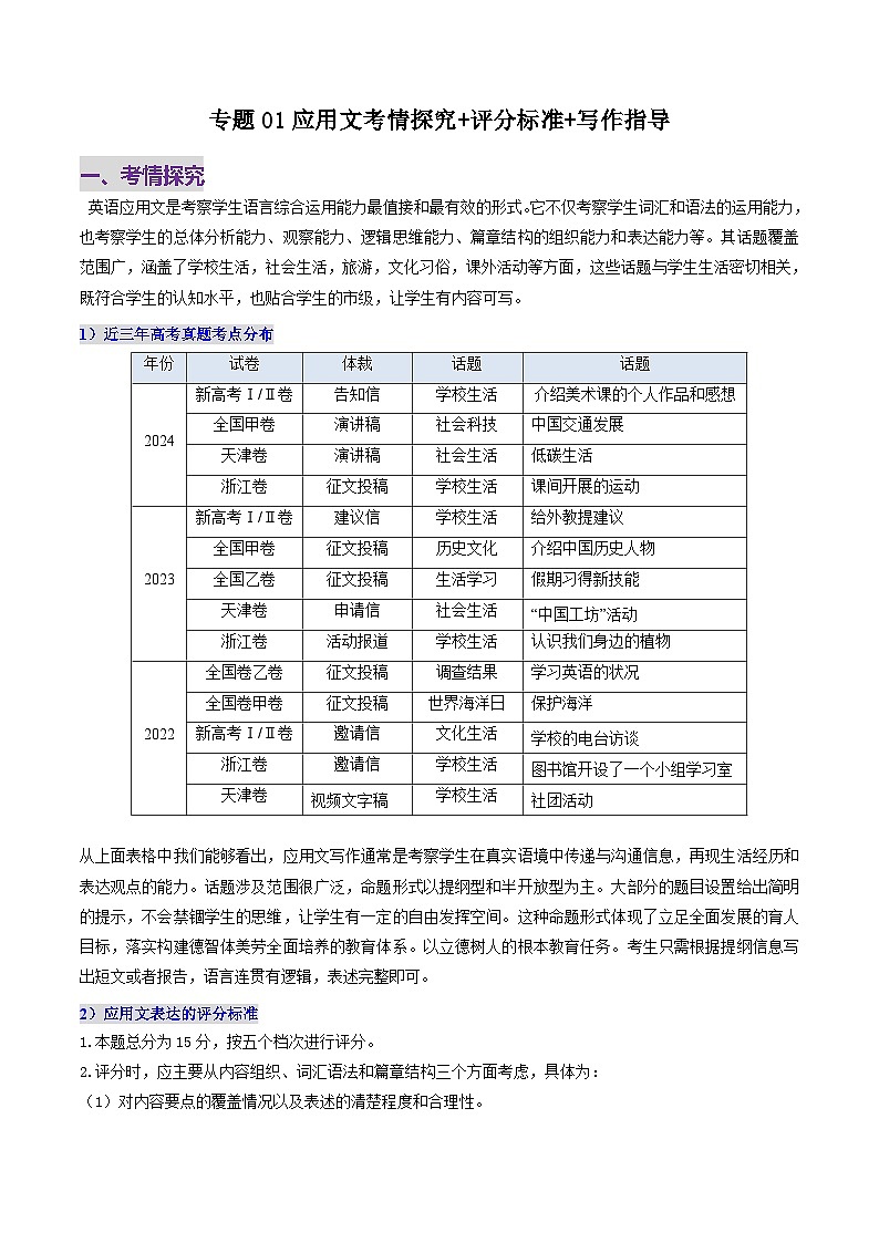 高考英语二轮复习写作常考题型突破练习专题01 应用文考情探究+评分标准+写作指导（解析版）第1页