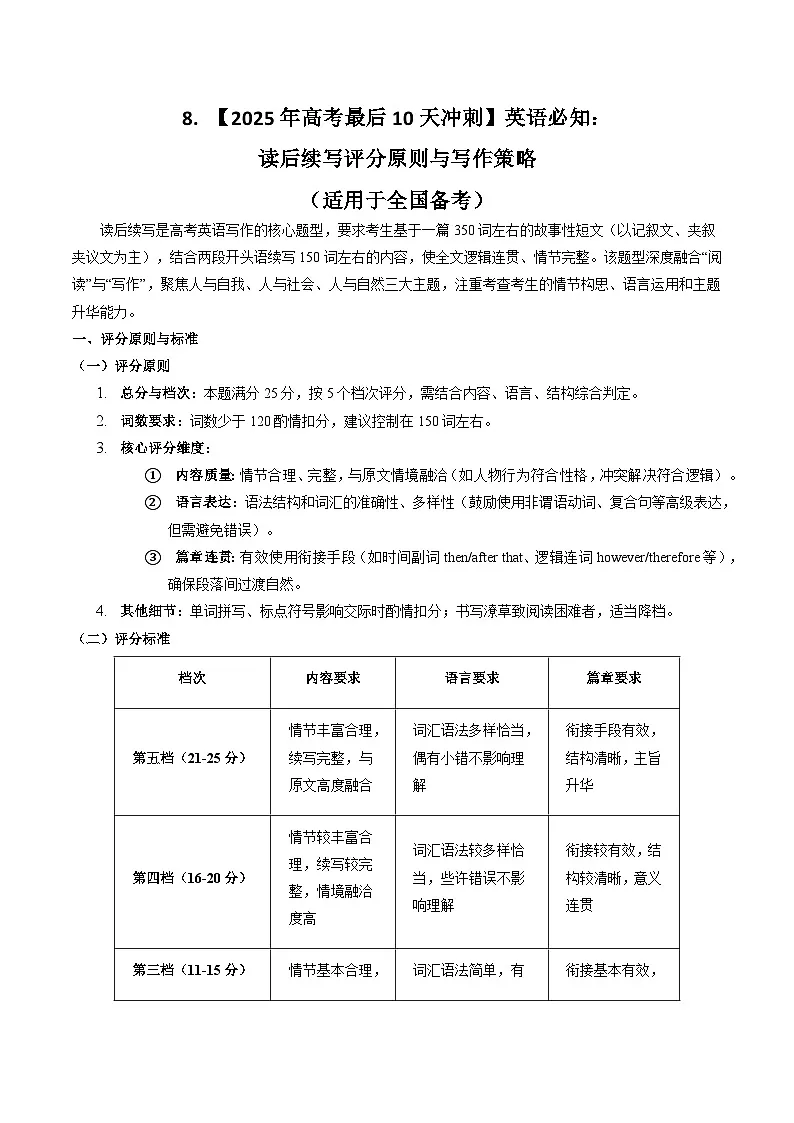 8. 【2025年高考最后10天冲刺】英语必知：读后续写评分原则与写作策略 （适用于全国备考）第1页