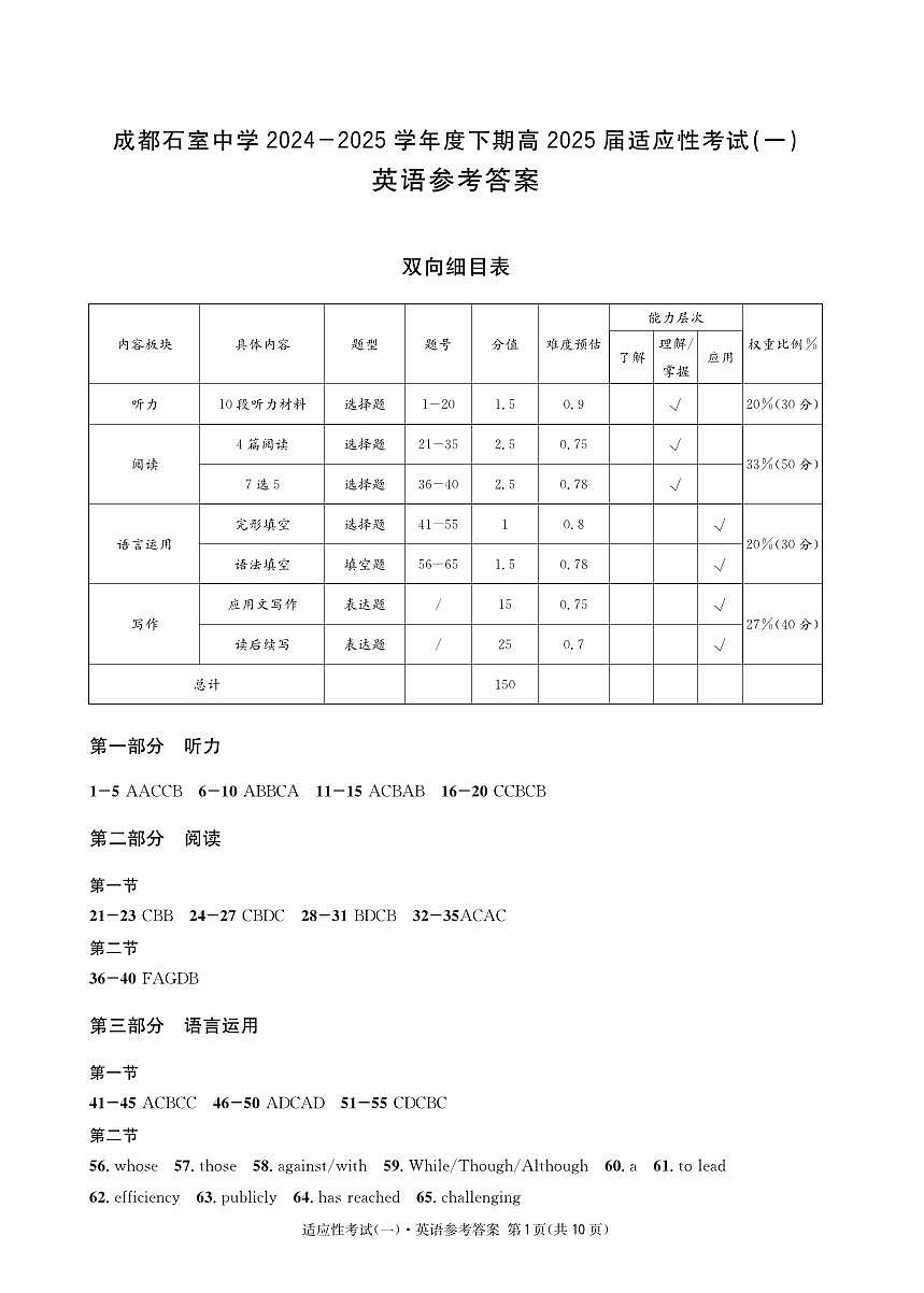 成都石室中学2024-2025学年度下期高2025届适应性考试（一) 英语答案第1页