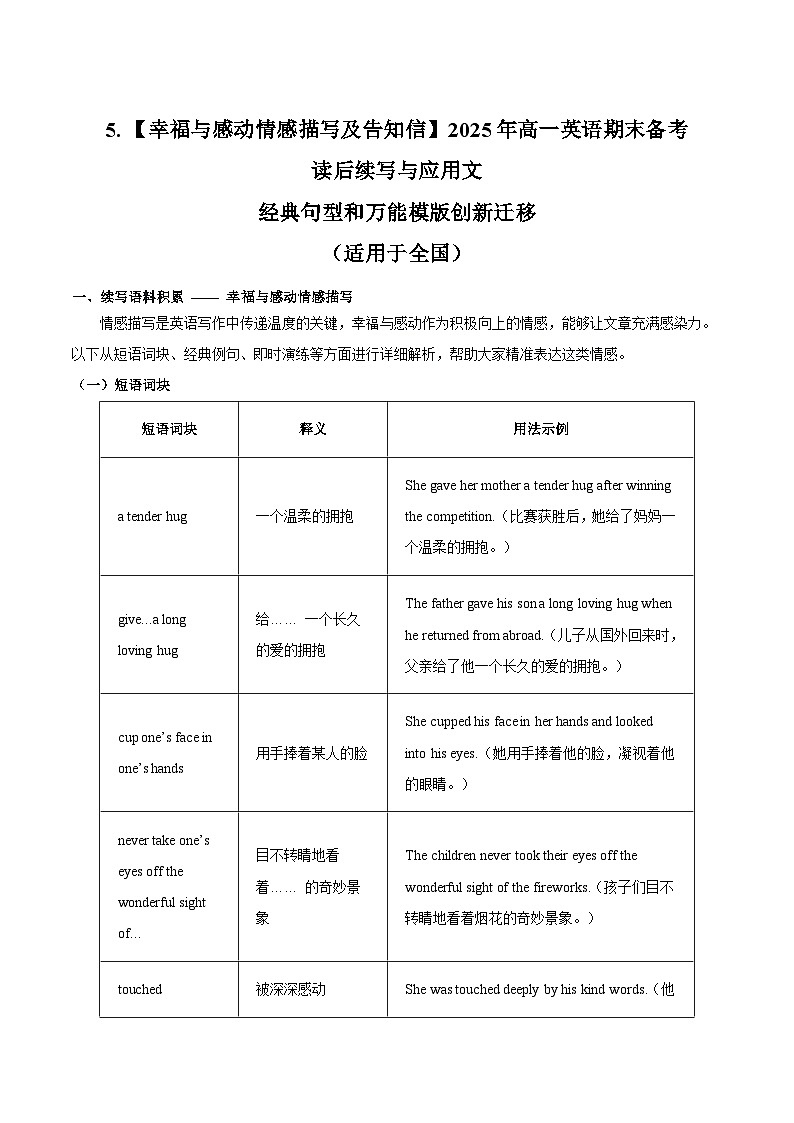 5.【幸福与感动情感描写及告知信】2025年高一英语期末备考读后续写与应用文 经典句型和万能模版创新迁移 讲练（适用于全国）第1页