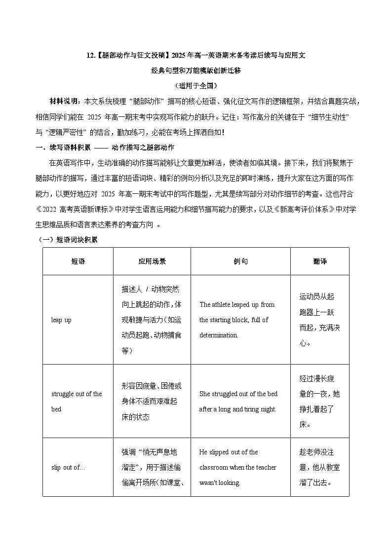 12.【腿部动作与征文投稿】2025年高一英语期末备考读后续写与应用文 经典句型和万能模版创新迁移 讲练（适用于全国）第1页