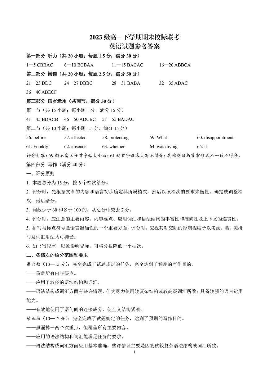山东省日照市2023-2024学年高一下学期期末考试英语试题 答案部分第1页
