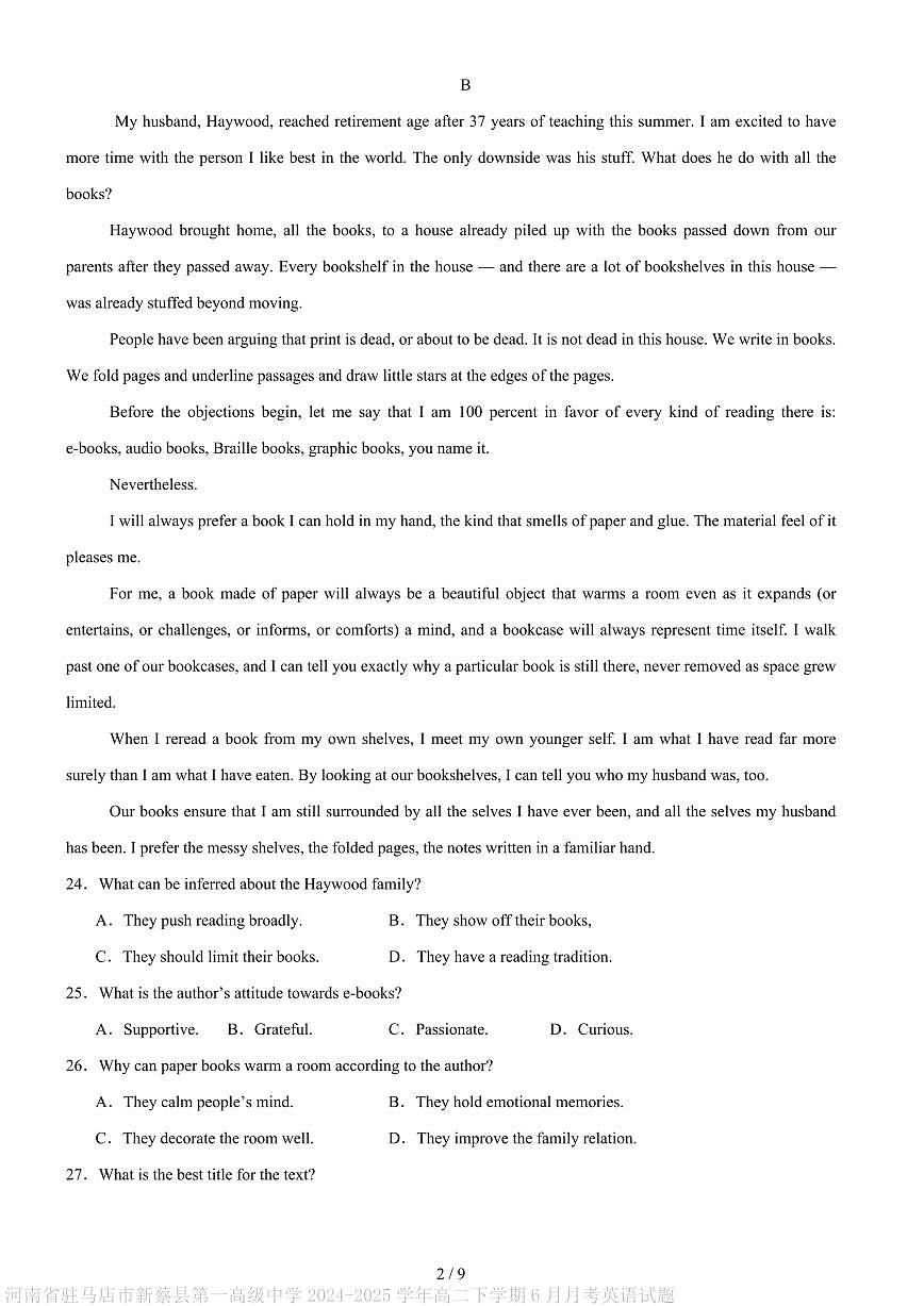 河南省驻马店市新蔡县第一高级中学2024-2025学年高二下学期6月月考英语试卷（PDF版附答案）第2页