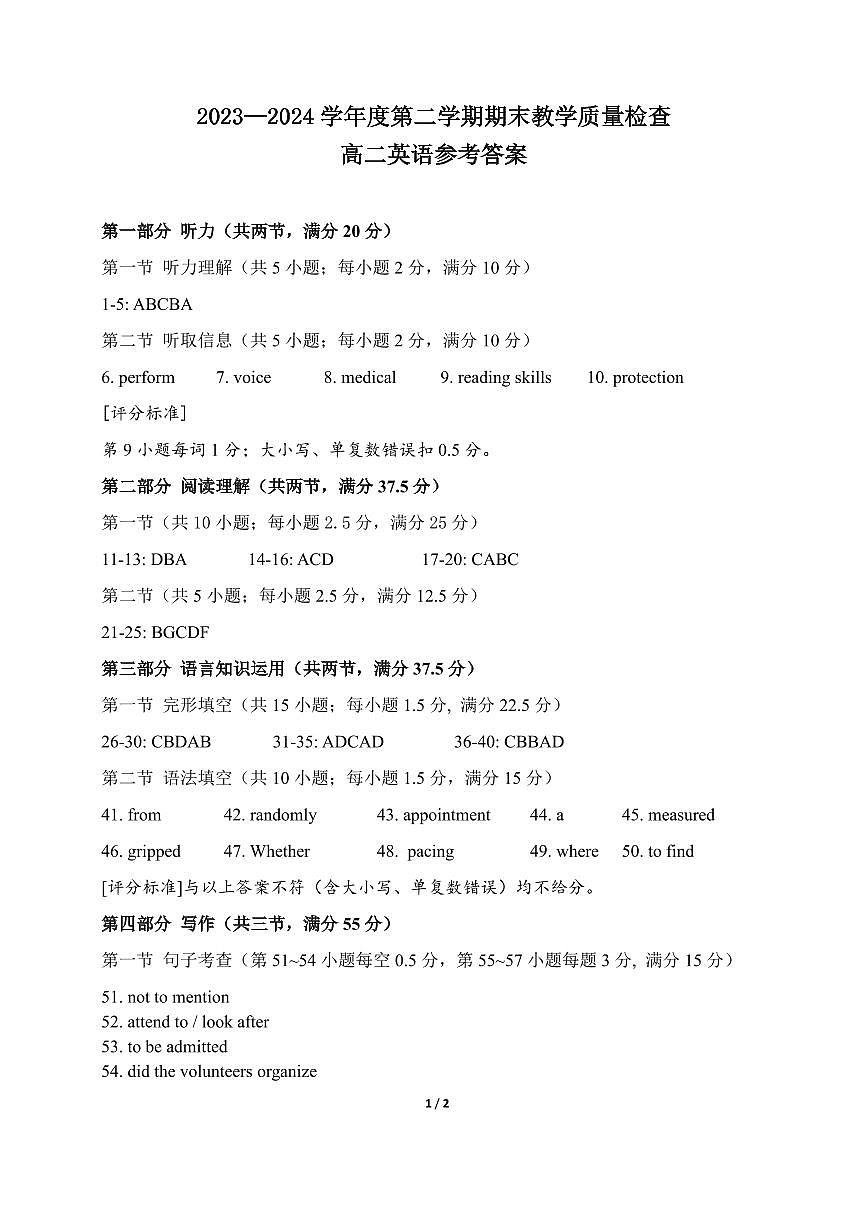 广东省东莞市2023-2024学年高二下学期期末英语 参考答案第1页