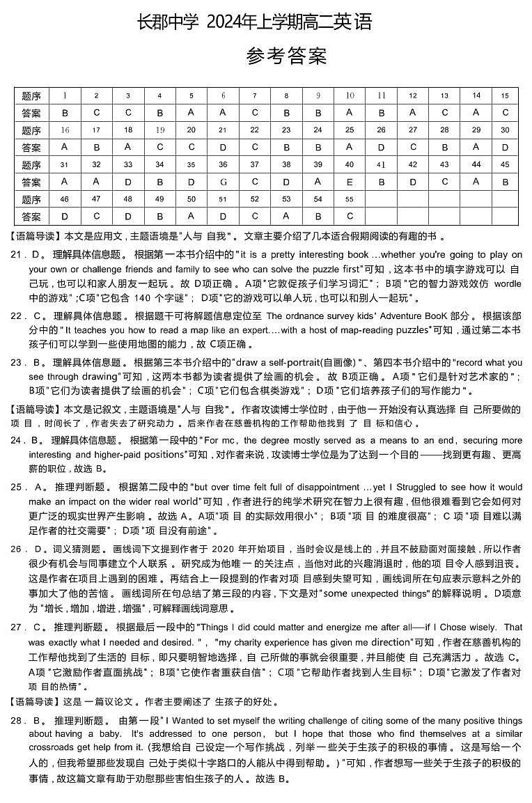 2024年长郡中学高二下册期末英语试卷参考答案第1页