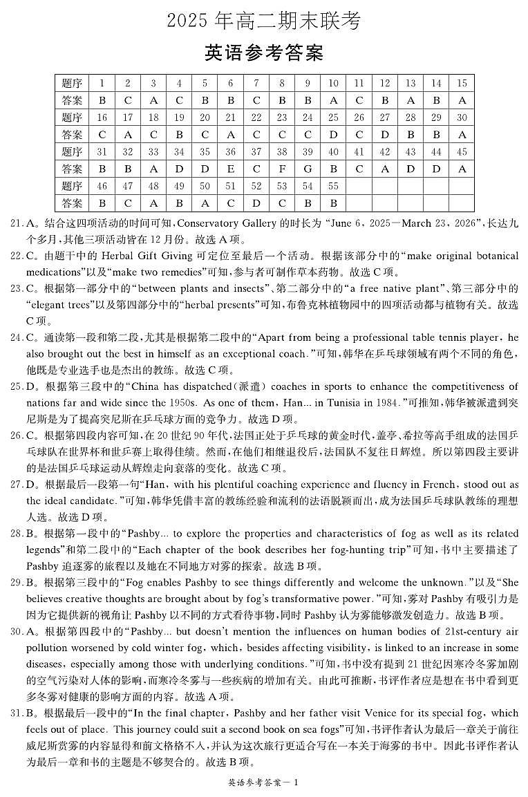 英语试卷（高二下期末联考）答案第1页