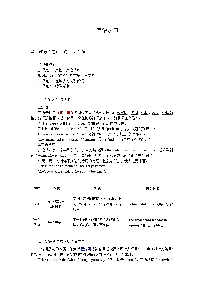 高中英语语法知识点总结-定语从句 讲义-2026届高三英语上学期一轮复习专项（全国通用）第1页