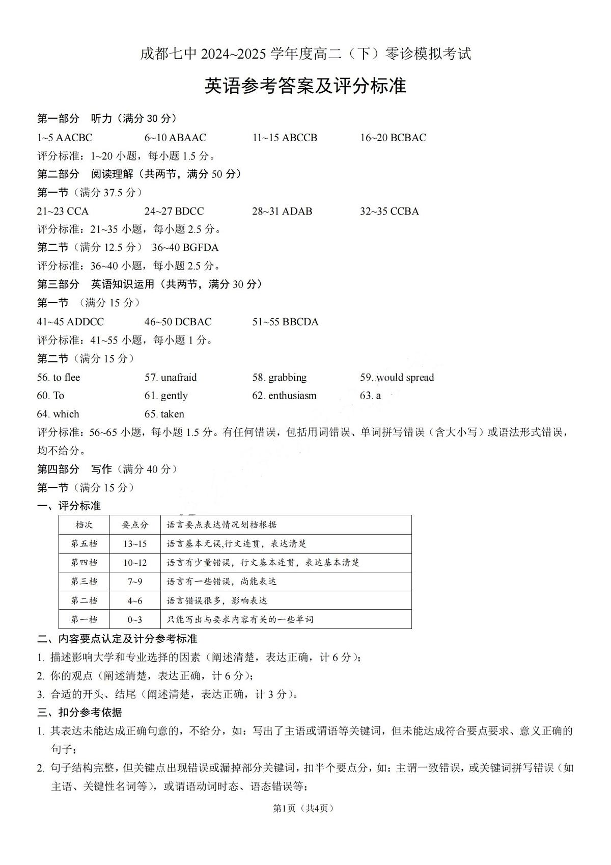 英语答案-四川省成都市第七中学2024-2025学年度下期高2026届零诊模拟考试第1页