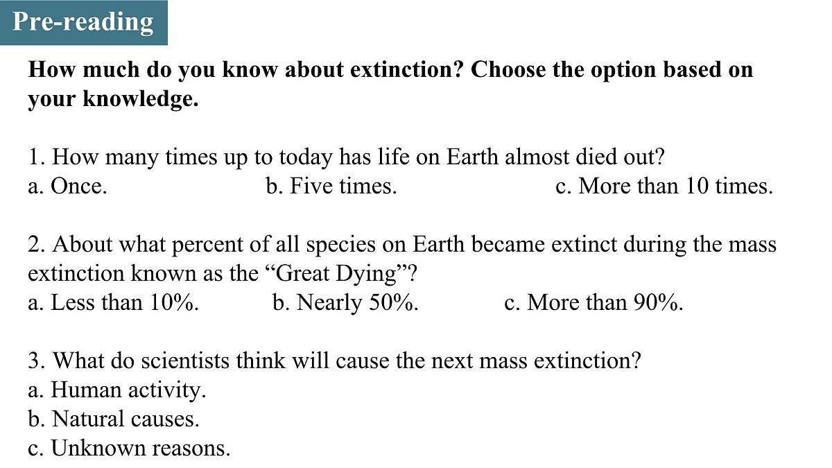 Unit 3 Period 1 Topic Talk & The Sixth Extinction（课件）-2025-2026学年高中英语选择性必修第一册（北师大版2019）第8页