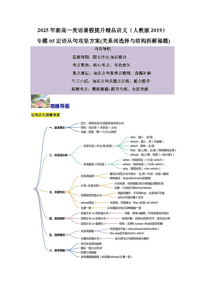 【暑假复习】专题05 定语从句攻坚方案 (学生版)-2025年新高一英语暑假衔接讲练 (人教版)第1页