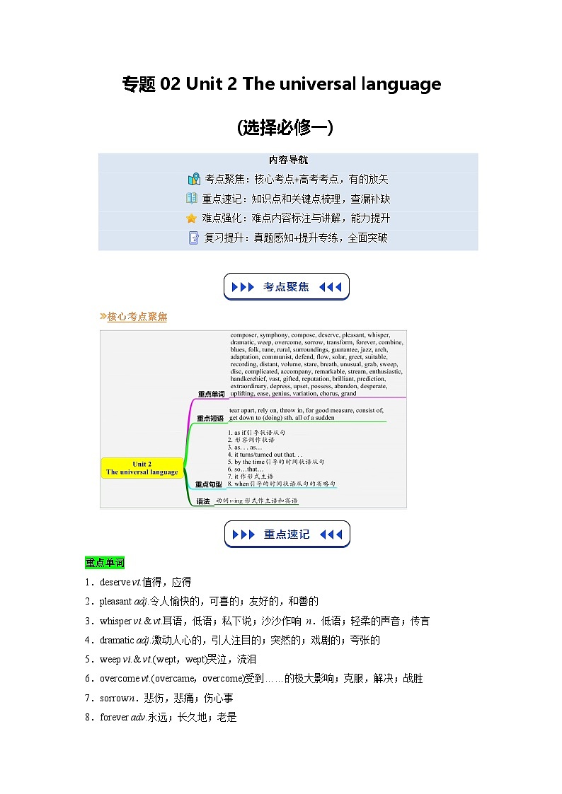 【01-暑假复习】专题02 The universal language 教师-2025年新高二英语暑假衔接讲练 (译林版)第1页