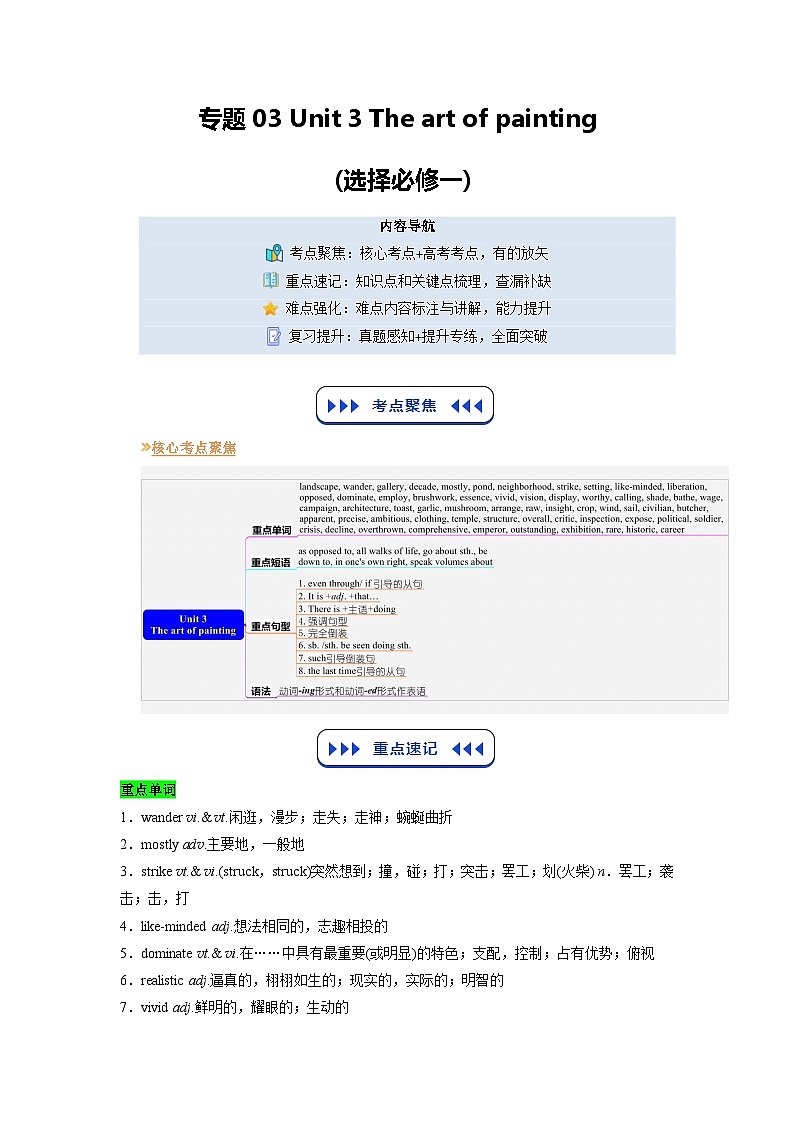 【01-暑假复习】专题03 The art of  painting  (学生版)-2025年新高二英语暑假衔接讲练 (译林版)第1页