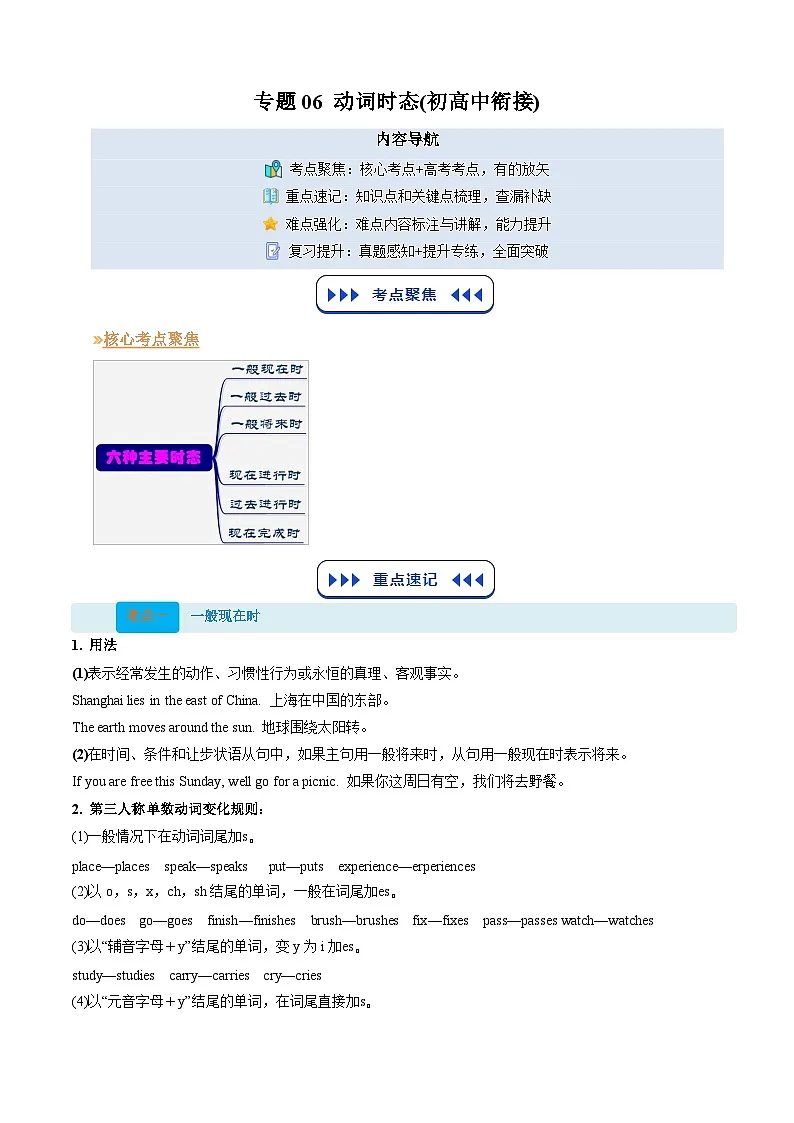 【01-暑假复习】专题06 动词时态和语态 (一) (教师版)-2025年新高一英语暑假衔接讲练 (译林版)第1页