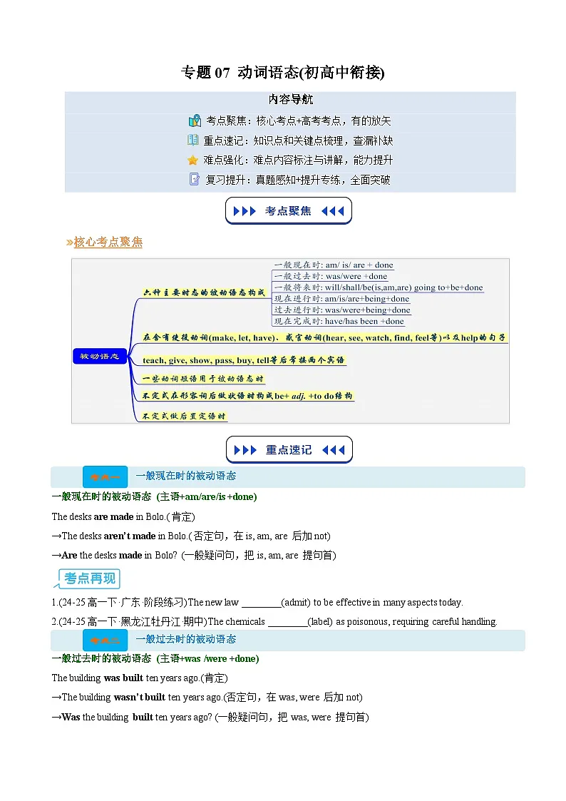 【01-暑假复习】专题07 动词时态和语态 (二) (学生版)-2025年新高一英语暑假衔接讲练 (译林版)第1页