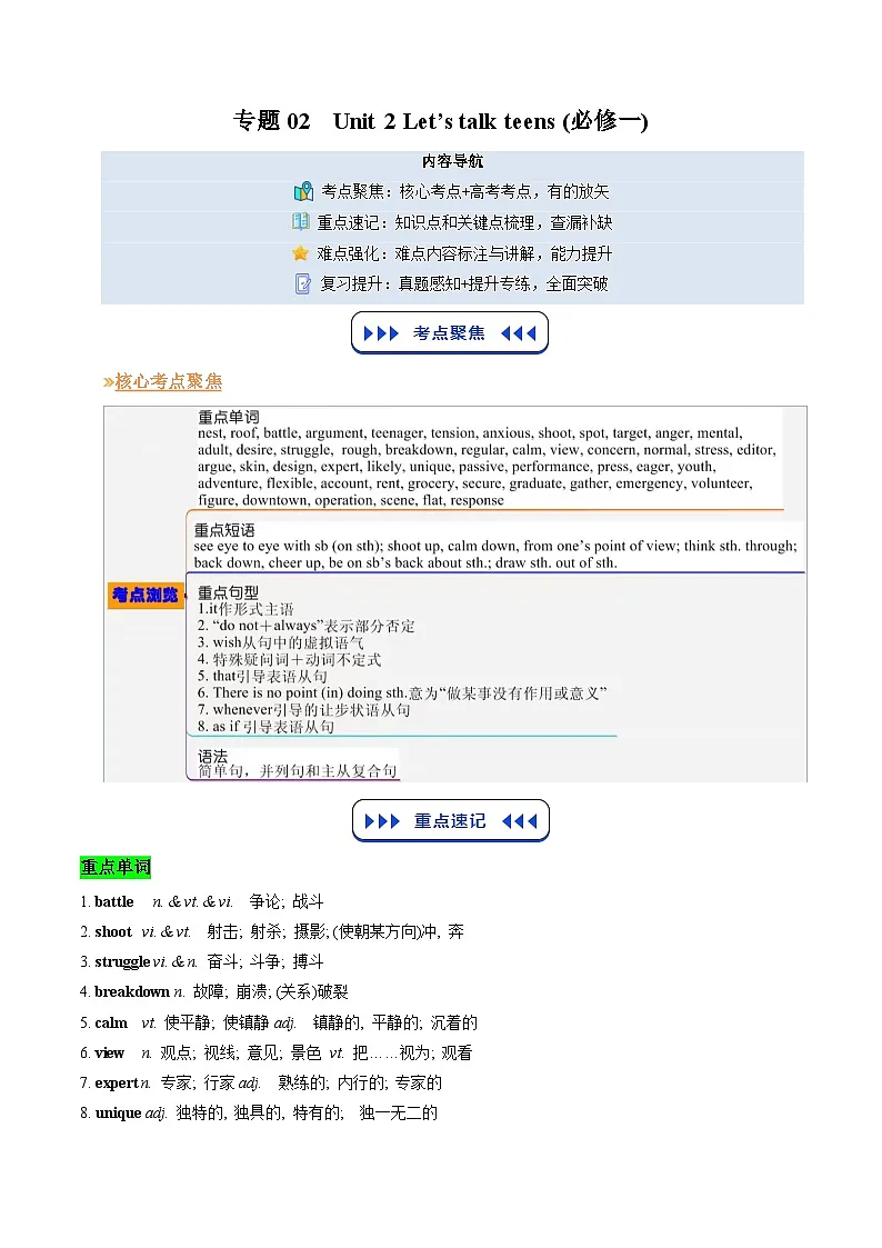 【02-暑假预习】专题02 必修一Unit 2 Let's talk teens 教师-2025年新高一英语暑假衔接讲练 (译林版)第1页