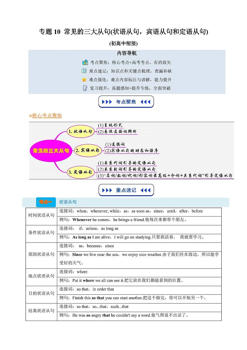 (复习部分)专题10 常见三大从句(状语从句、宾语从句和定语从句)(解析版)第1页