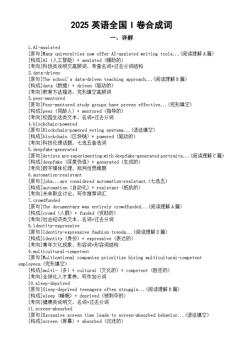 高中英语2025全国I卷合成词汇总第1页