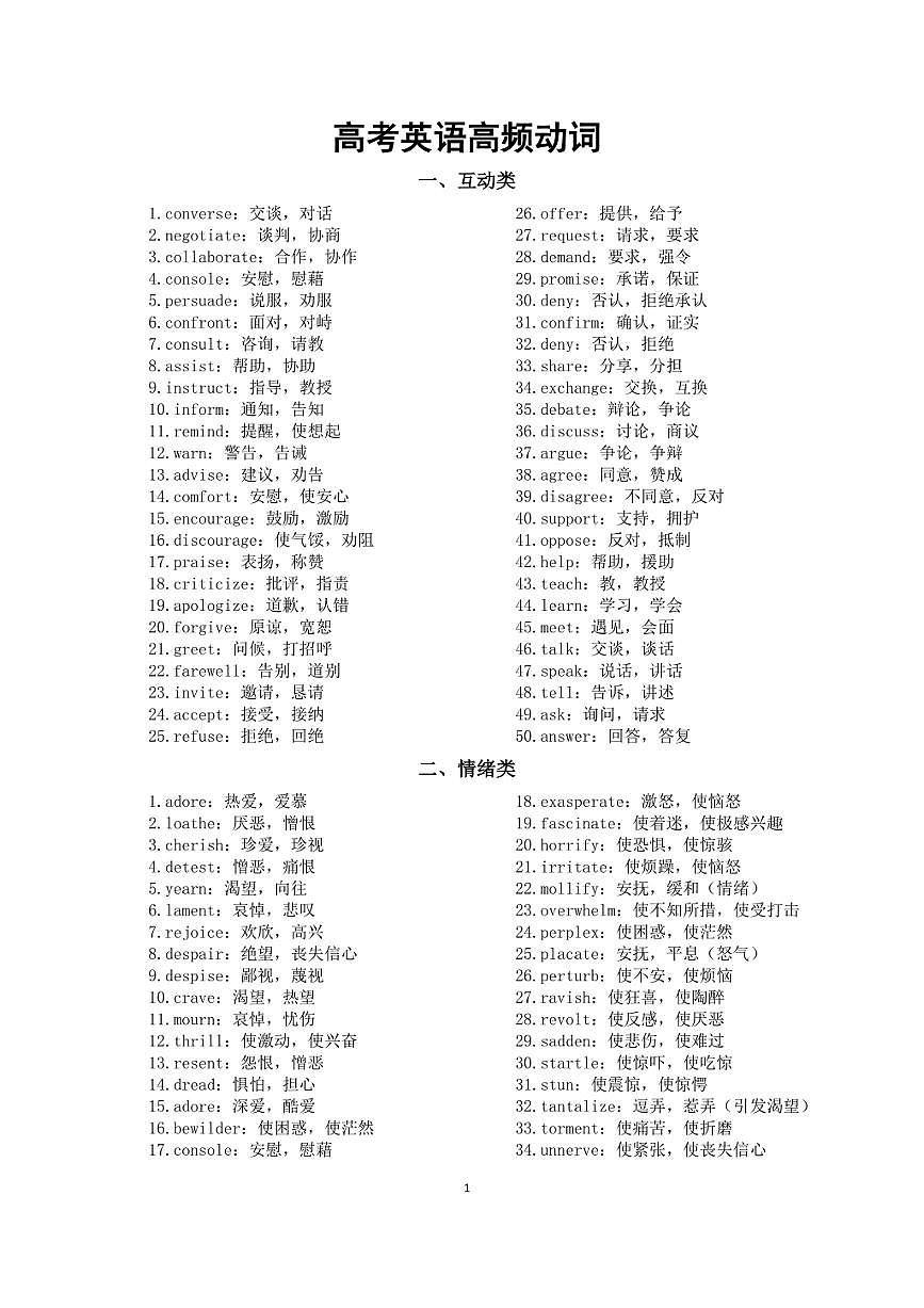 高中英语2026届高考高频动词（共八大类）第1页