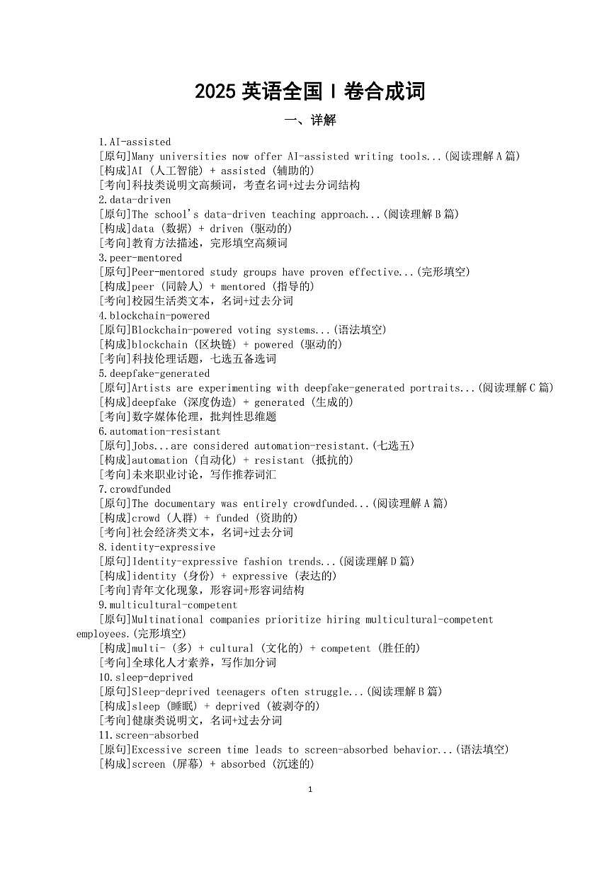 高中英语2025全国I卷合成词汇总（PDF版）第1页