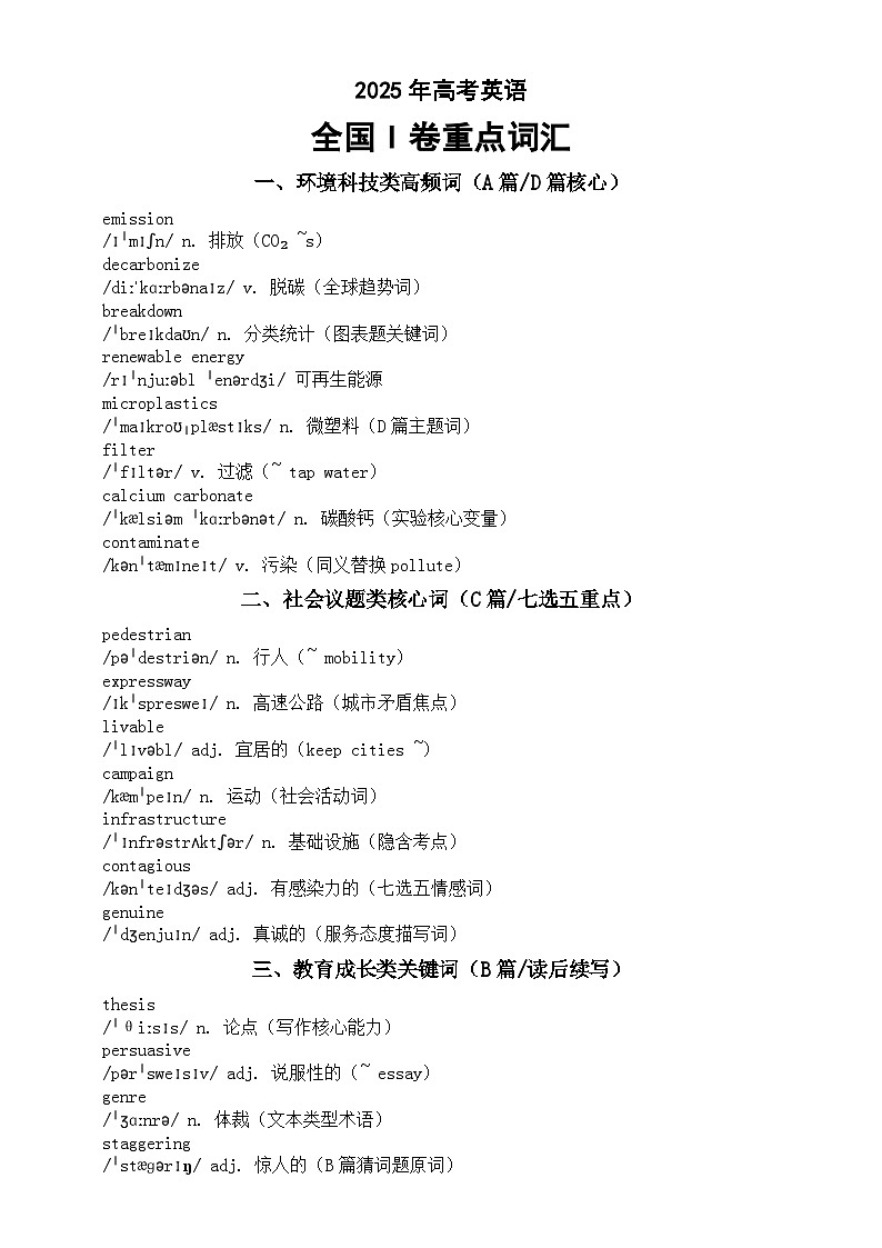 高中英语2025年高考全国I卷重点词汇总结第1页