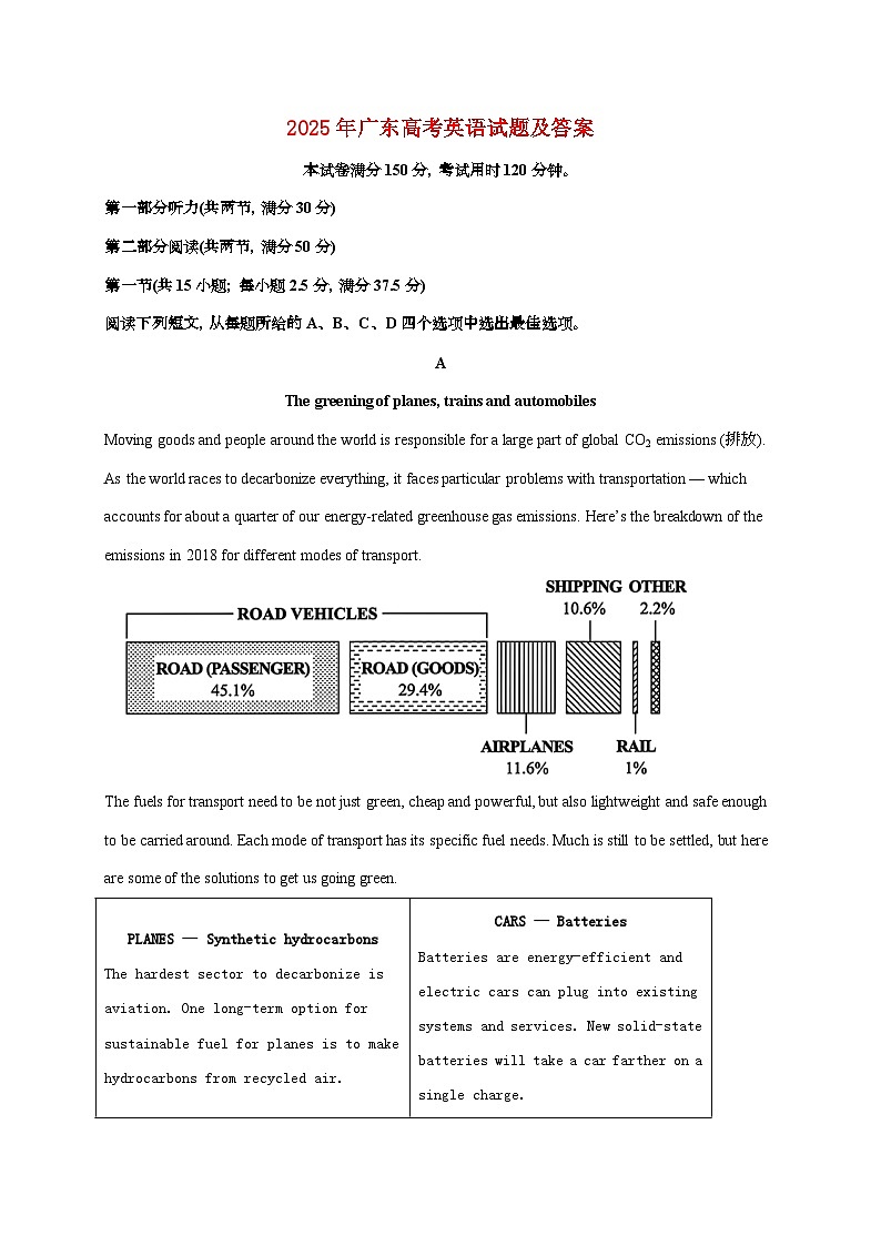 2025年广东普通高中学业水平选择性考试英语试卷（原卷+答案）第1页
