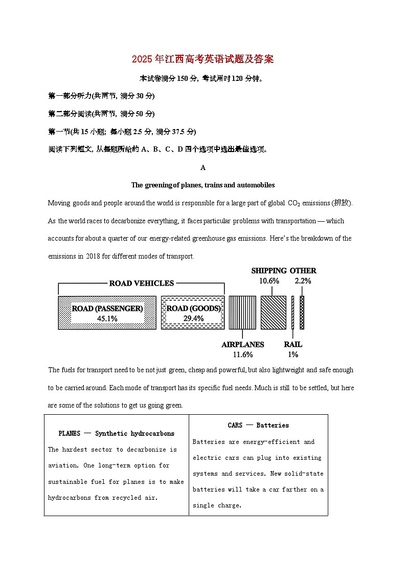 2025年江西普通高中学业水平选择性考试英语试卷（原卷+答案）第1页