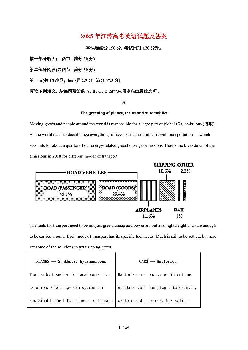 2025年江苏普通高中学业水平选择性考试英语试卷【原卷+答案】第1页