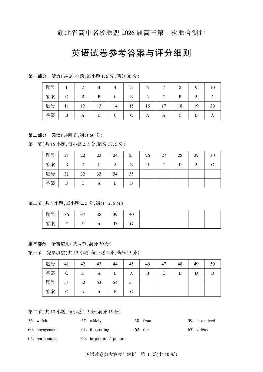 高三英语-2026届第一次测评-答案第1页