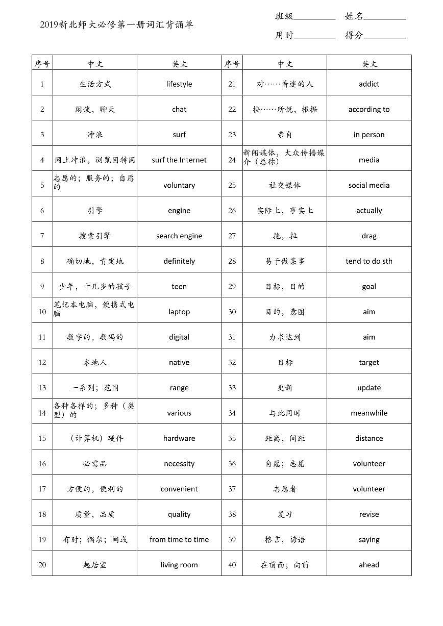 北师大必修第一册词汇背诵单第1页
