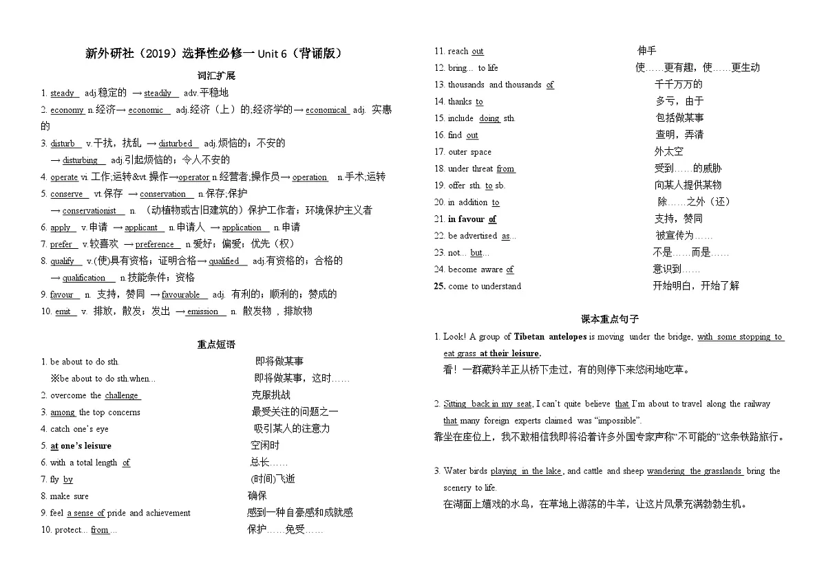 外研版高中英语选择性必修第一册Unit 6 Nurturing Nature 词汇拓展、短语、句子默写练习第1页