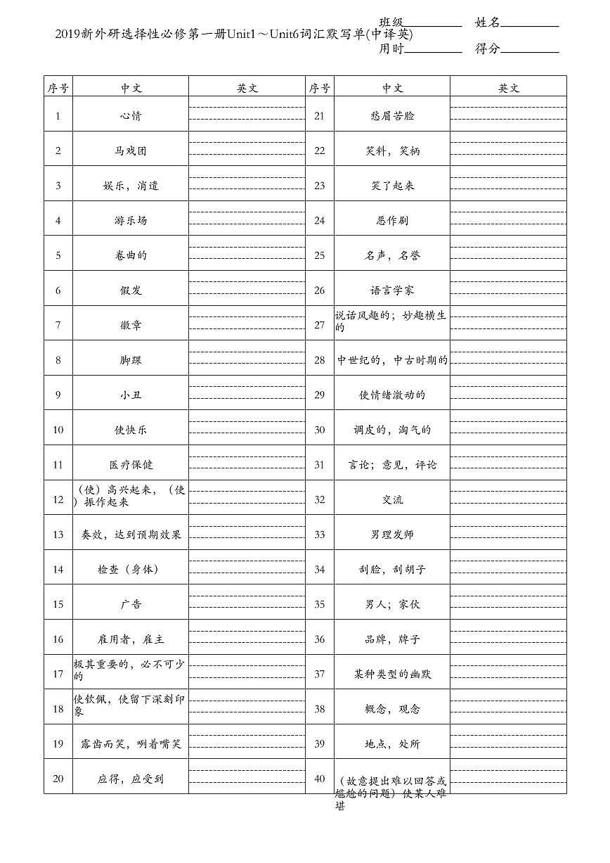 外研选择性必修第一册Unit1～Unit6词汇默写单(中译英)第1页
