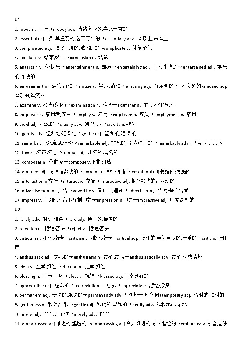 外研版高中英语选择性必修第一册单词变形清单练习第1页