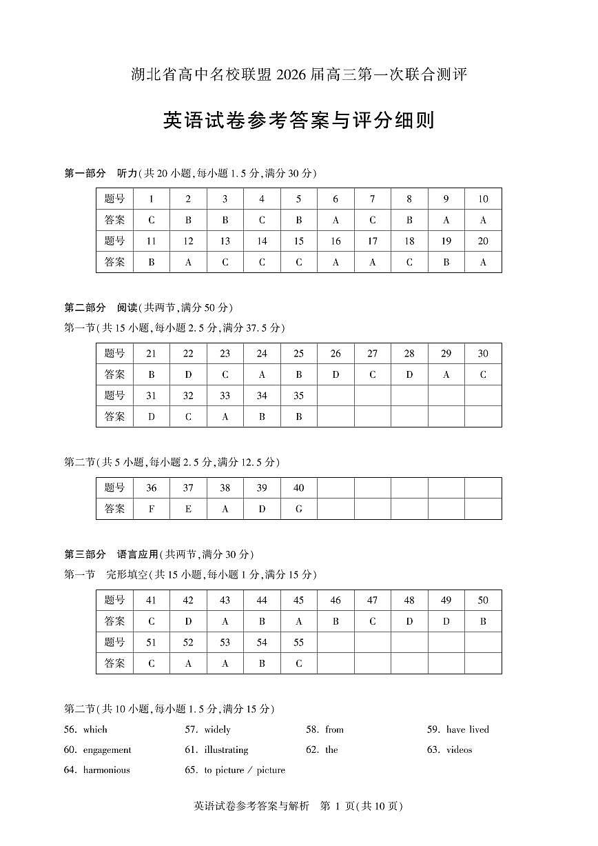 高三英语-2026届第一次测评-答案.pdf第1页