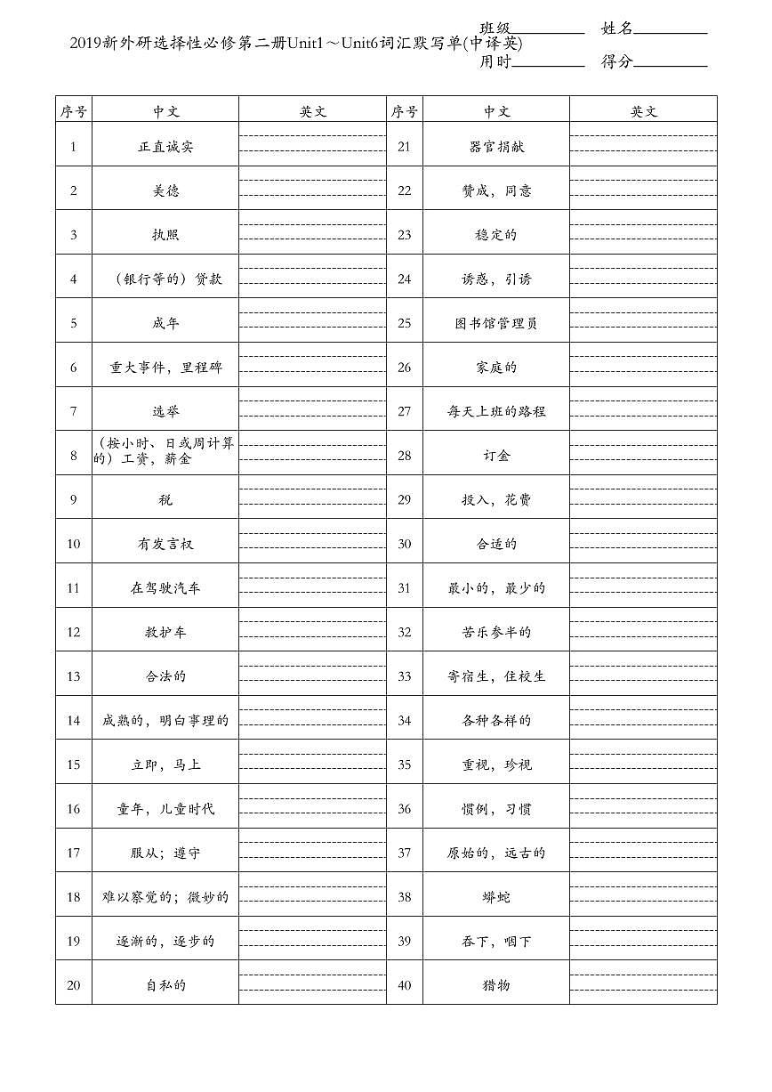 外研版高中英语选择性必修第二册Unit1～Unit6词汇练习默写单(中译英)第1页