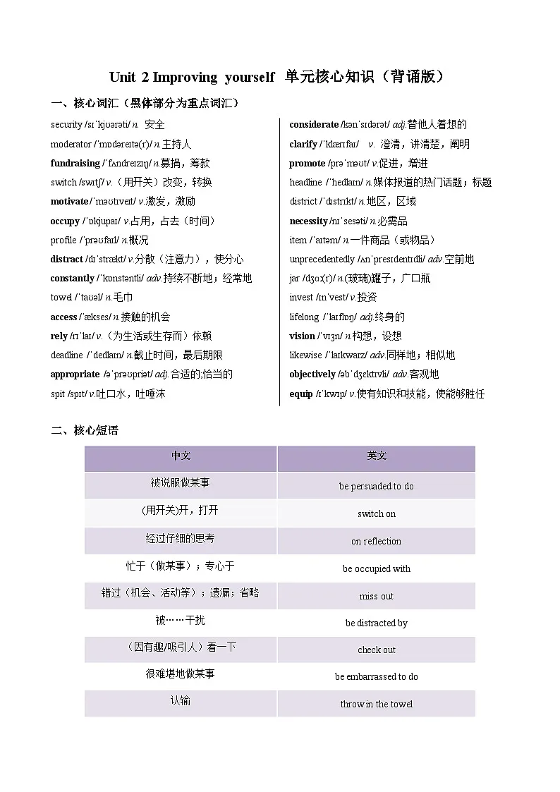 外研版高中英语选择性必修第二册Unit 2 Improving yourself（单元核心知识梳理）（背诵版）第1页