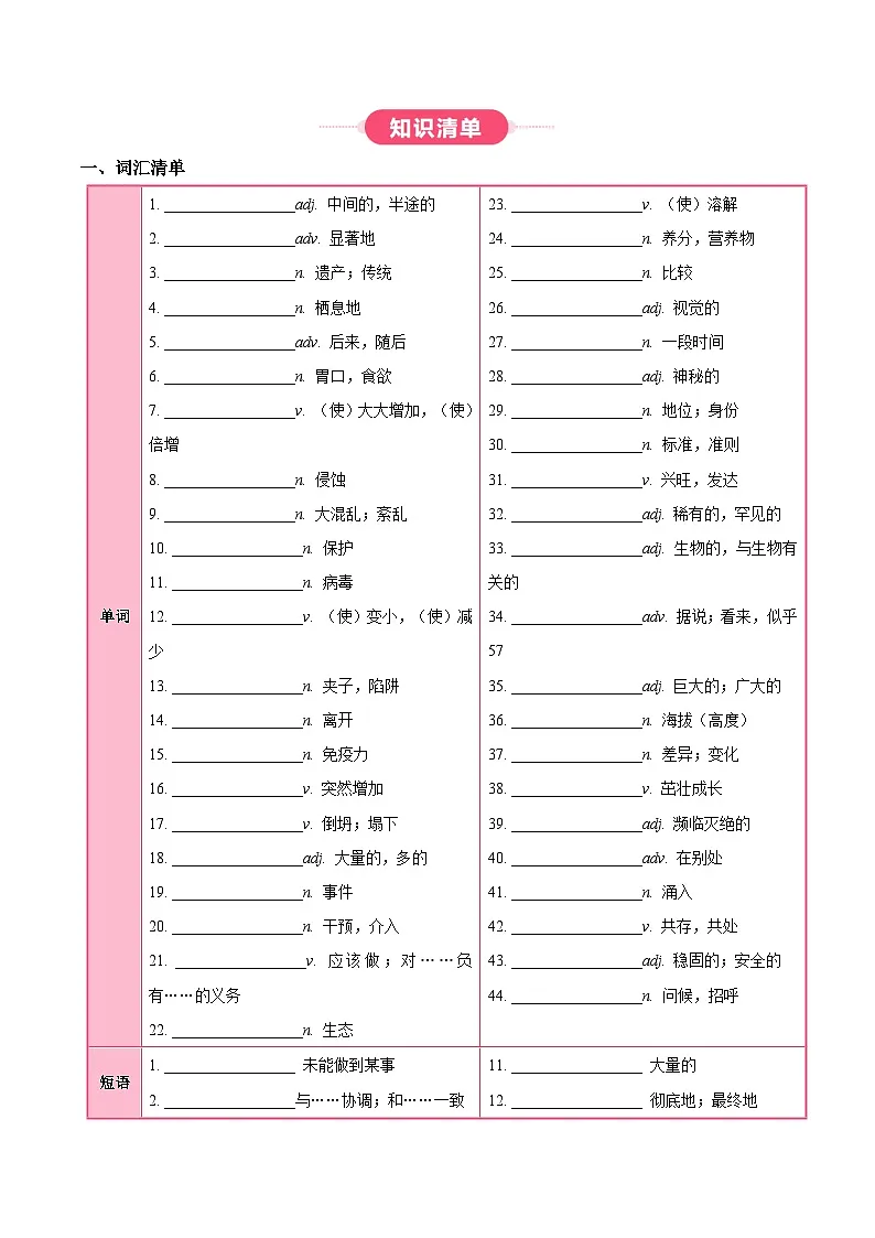 外研版高中英语选择性必修第二册Unit 5 A delicate world（知识清单）（挖空版）第2页