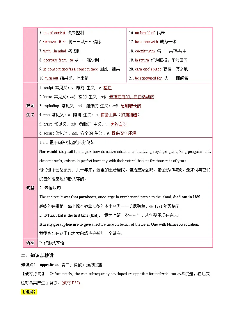 外研版高中英语选择性必修第二册Unit 5 A delicate world（知识清单）（答案版）第3页