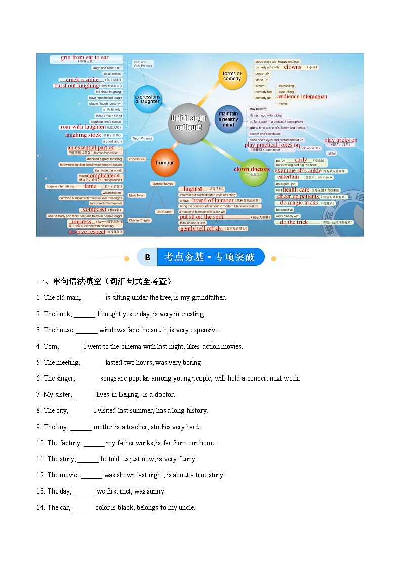 外研版高中英语选择性必修第一册Unit 1 Laugh out loud 定语从句（单元核心语法精练）（学生版）第3页