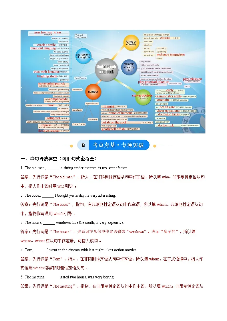 外研版高中英语选择性必修第一册Unit 1 Laugh out loud 定语从句（单元核心语法精练）（教师版）第3页