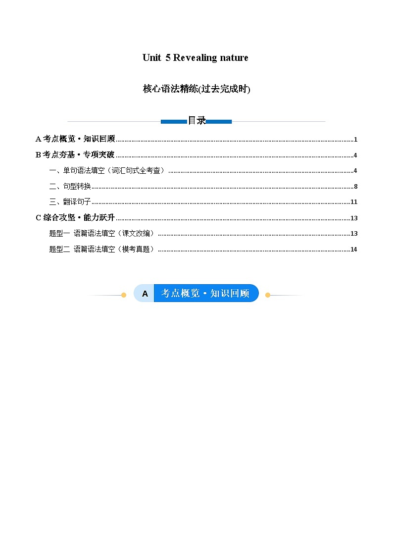 外研版高中英语选择性必修第一册Unit 5 Revealing nature 过去完成时（单元核心语法精练）（教师版）第1页