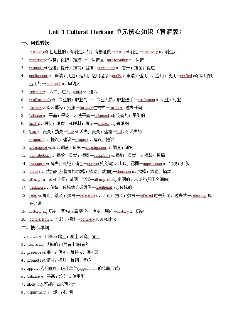 人教版高中英语必修二Unit 1 Cultural Heritage（单元核心知识梳理）（背诵版）第1页