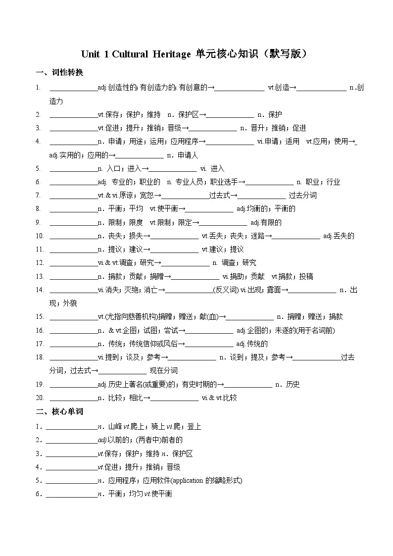 人教版高中英语必修二Unit 1 Cultural Heritage（单元核心知识梳理）（默写版）第1页