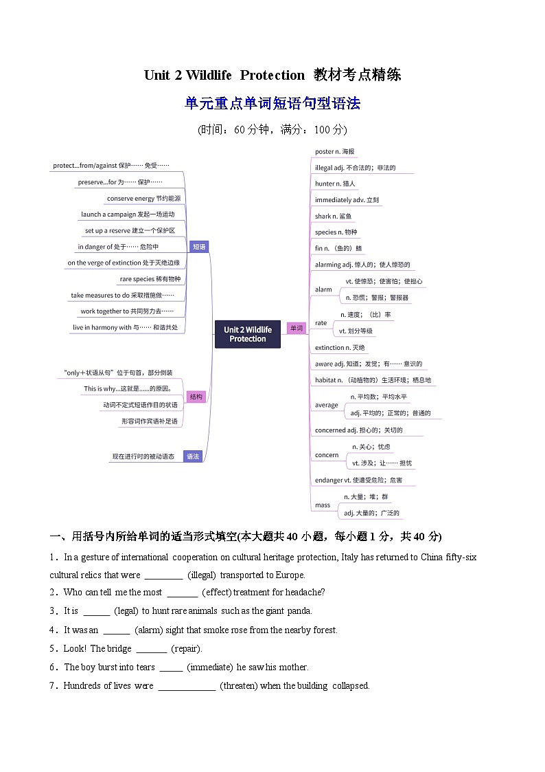 人教版高中英语必修二Unit 2 Wildlife Protection 单词短语句型语法（教材考点精练）（学生版）第1页