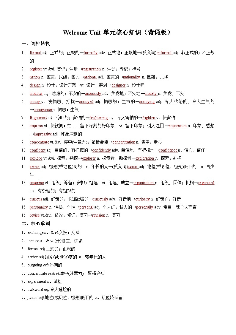 人教版高中英语必修第一册Welcome Unit（单元核心知识梳理）（背诵版）第1页